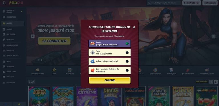 Allyspin Casino choix bonus bienvenue