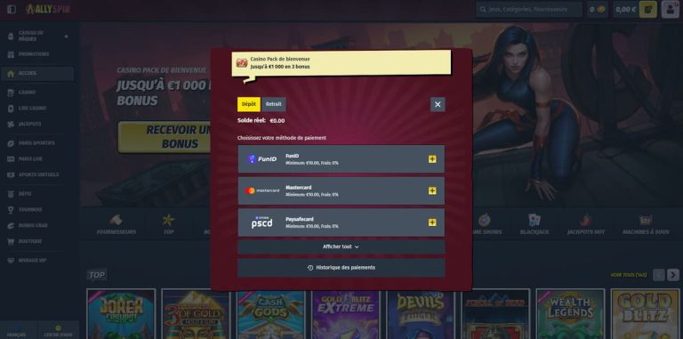 Allyspin Casino moyens paiement dépôt